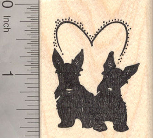 Valentine's Day Scottish Terrier Dog Rubber Stamp, Scottie Pair with Heart