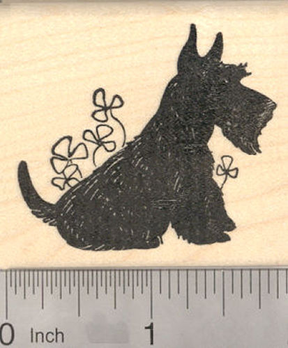 St. Patrick's Day Scottish Terrier Dog Rubber Stamp, with Shamrocks