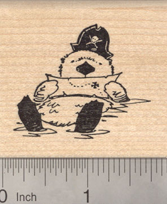 Sea Otter Pirate Rubber Stamp, Reading treasure map