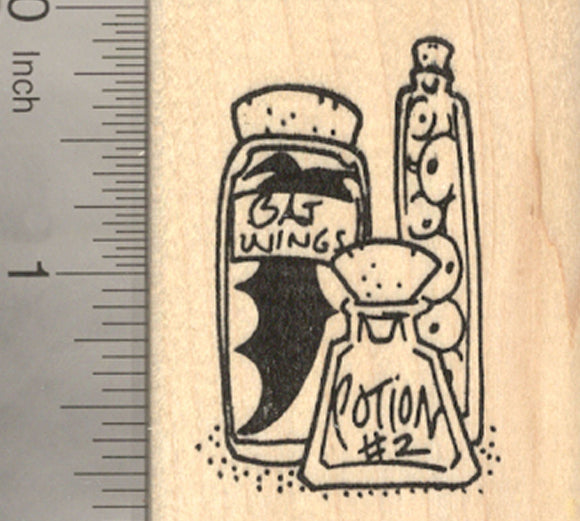 Halloween Witch's Potion Rubber Stamp, with bottled Bat Wings