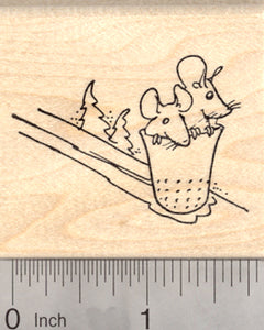 Winter Holiday Mouse Rubber Stamp, Mice Sledding in Snow