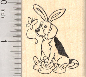 Easter Beagle Rubber Stamp, with Bunny Ears, Slippers, and Butterfly