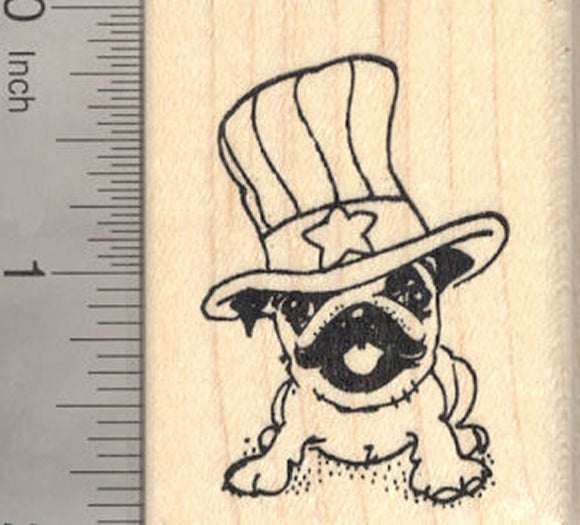 4th of July Pug Rubber Stamp, Patriotic American Dog, Uncle Sam Hat