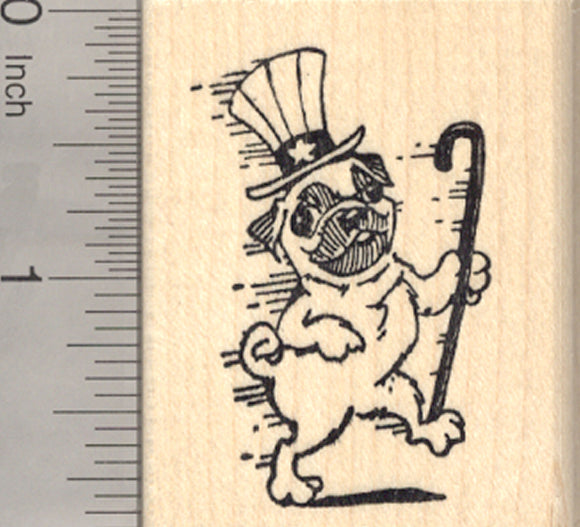 4th of July Pug Rubber Stamp, Dancing with Uncle Sam Hat