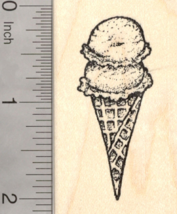 Ice Cream Cone Rubber Stamp, Waffle Style Double Scoop