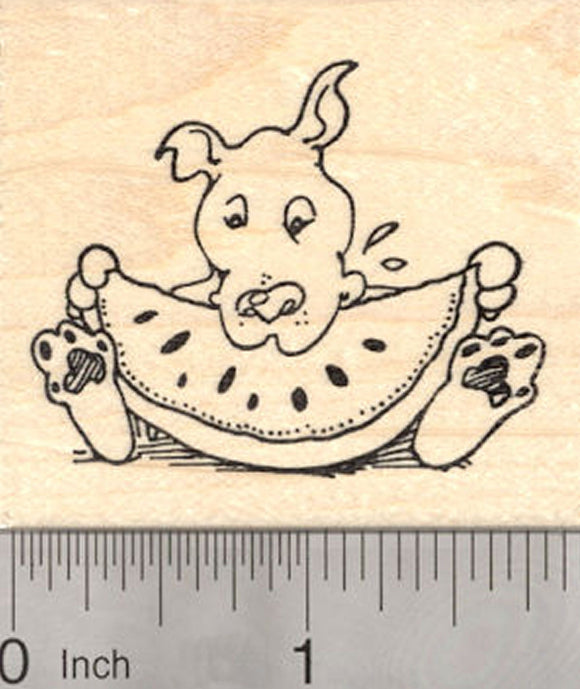 Dog eating Watermelon Rubber Stamp, Summer Cookout Series, American Pitbull, Staffordshire Terrier