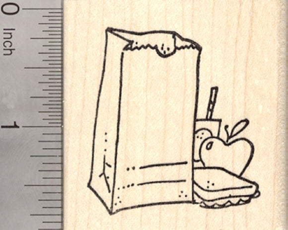 School Lunch Rubber Stamp, Sack with Apple, Sandwich and Juice Box
