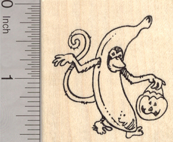 Trick or Treat Monkey Rubber Stamp, Halloween Banana Costume