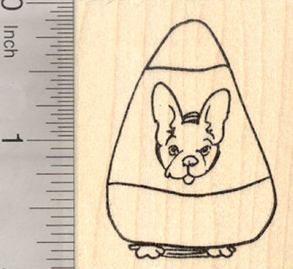 Halloween French Bulldog Rubber Stamp, Trick or Treat Dog Costume Candy Corn