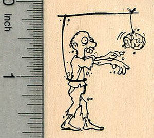 Zombie Apocalypse Trap Rubber Stamp, Chasing a Brain on a Stick, Halloween