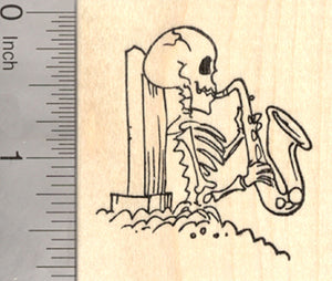 Skeleton Rubber Stamp, Playing Jazz Saxophone (side view) from his Grave, Day of the Dead, Halloween, Día de Muertos