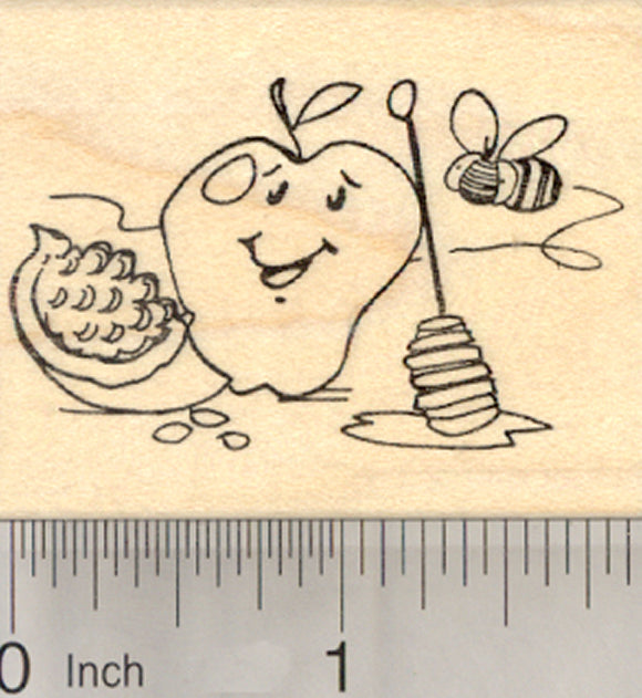 Rosh Hashanah Rubber Stamp, Happy Apple with Pomegranate and Honey Bee