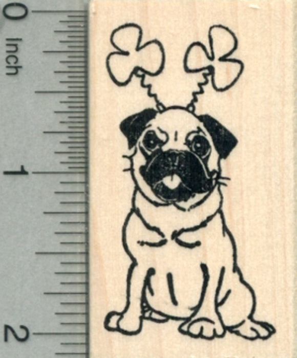 Saint Patrick's Day Pug Rubber Stamp, Dog with Shamrock Antennae