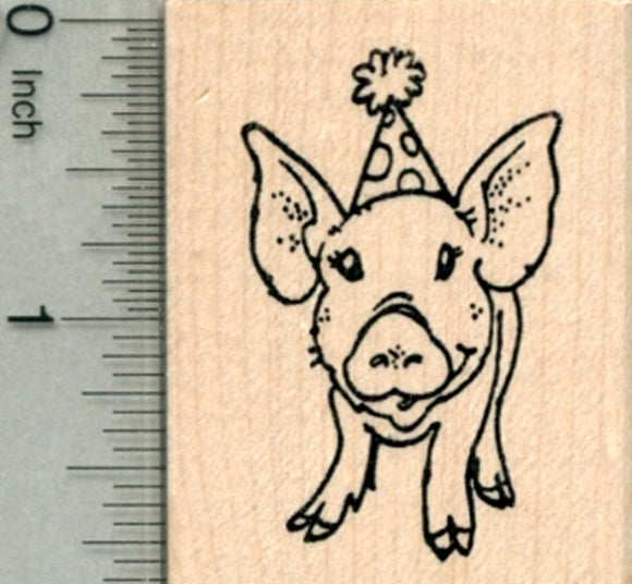 Birthday Pig Rubber Stamp, Piglet in Party Hat