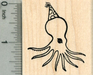 Birthday Octopus Rubber Stamp, in Party Hat