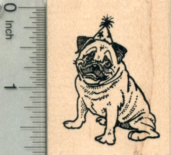 Birthday Pug Rubber Stamp, Dog in Party Hat