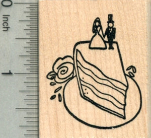 Wedding Rubber Stamp, Cake Slice on Plate with Bride and Groom Toppers