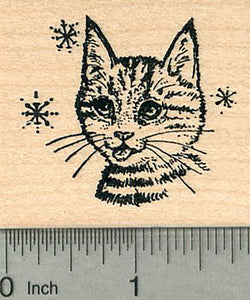 Holiday Cat Rubber Stamp, Eating Snow