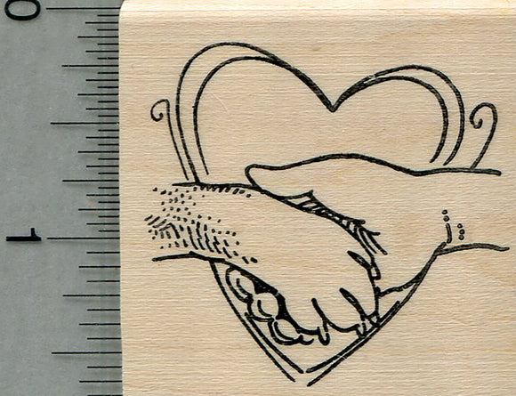 Dog Paw Rubber Stamp, with Human Hand in Heart