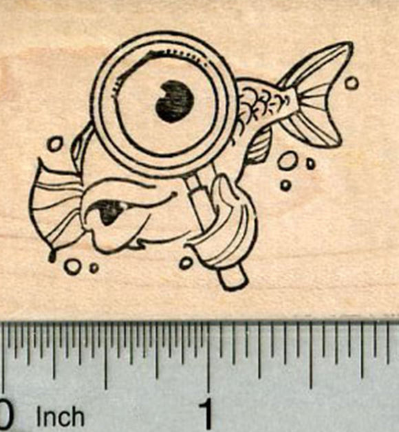Fish Detective Rubber Stamp, with Magnifying glass