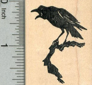 Raven Rubber Stamp, Bird on a Branch, Halloween Series