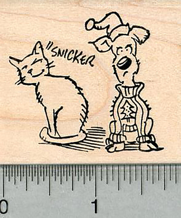 Christmas Sweater Rubber Stamp, Cat Snickering at Dog