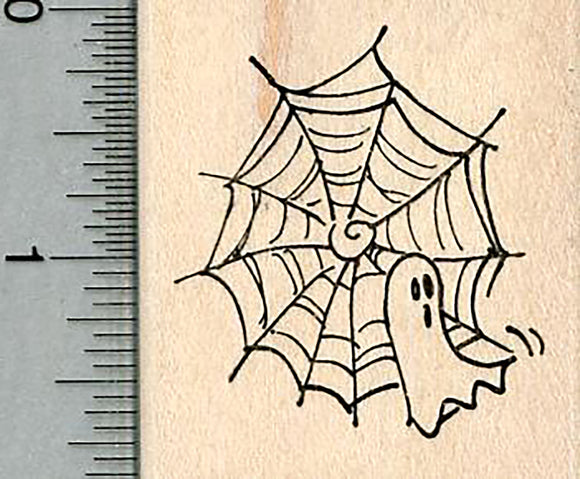 Halloween Ghost Rubber Stamp, Caught in Spider Web