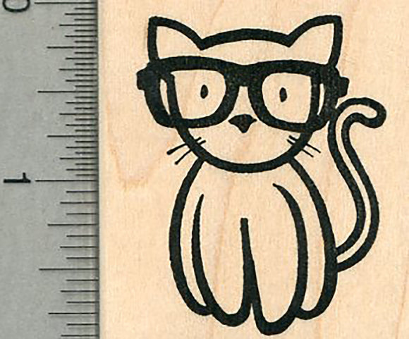 Glasses Kitty Rubber Stamp, Cat wearing eyeglasses