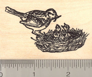 Bird Nest Rubber Stamp, Baby Birds, Wren, Warbler, Mother Feeding Babies