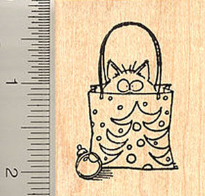 Cat in Bag Christmas Rubber Stamp