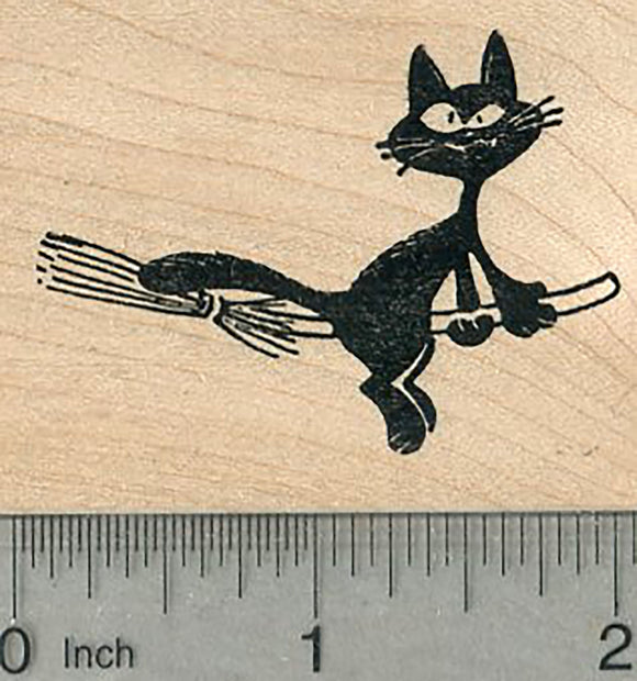 Smiling Black Cat on Broom Rubber Stamp