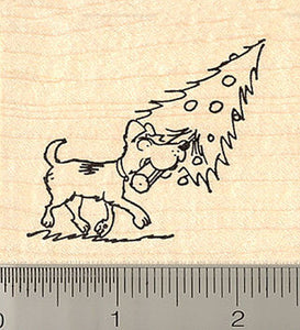 Dog Fetching Christmas Tree Rubber Stamp