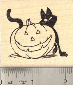 Halloween Black Cat with Pumpkin Rubber Stamp