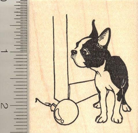 Christmas Boston Terrier with Christmas Ornament Rubber Stamp