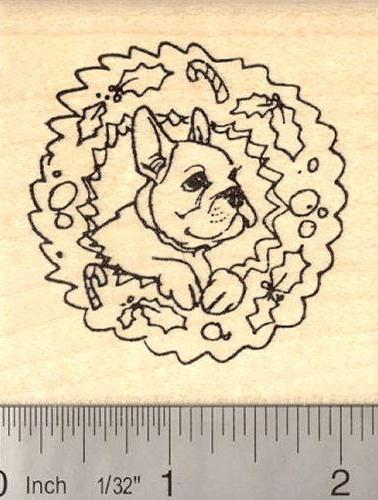 Christmas French Bulldog in Wreath Dog Rubber Stamp