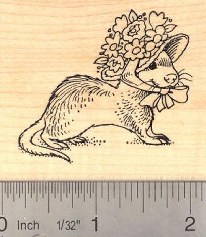 Easter Ferret in Bonnet Rubber Stamp