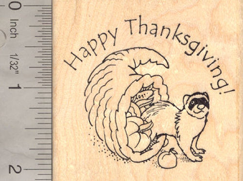 Happy Thanksgiving Ferret in Cornucopia Rubber Stamp