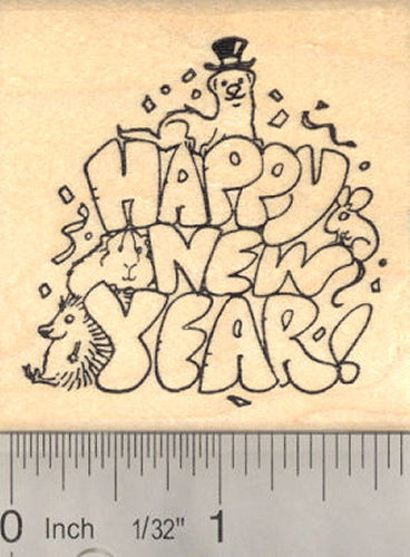 Happy New Year Multi-pet Rubber Stamp, Ferret, Rat, Hedgehog, Guinea Pig