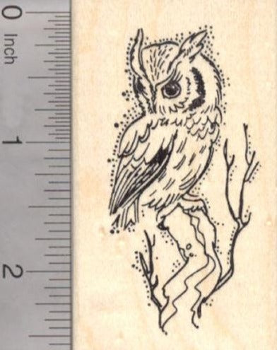 Screech Owl Rubber Stamp, Roosting in Tree