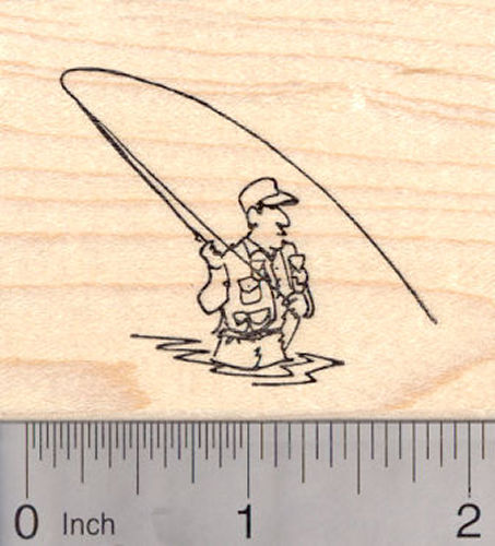 Fly Fishing Fisherman Rubber Stamp, Wading and Casting
