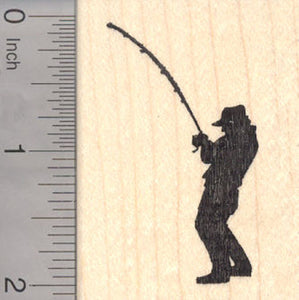 Fishing Fisherman Silhouette Rubber Stamp, Reeling in a fish