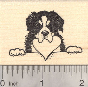 Bernese Mountain Dog Rubber Stamp, With Heart in Mouth, Valentine's Day
