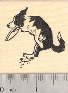 Border Collie Dog Rubber Stamp, Catching a Frisbee