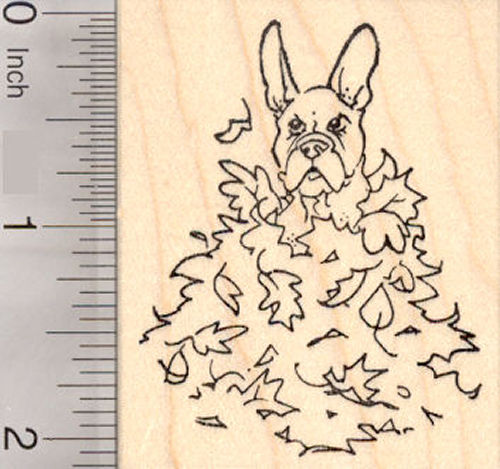 French Bulldog Dog Sitting in Autumn Leaves, Thanksgiving Rubber Stamp