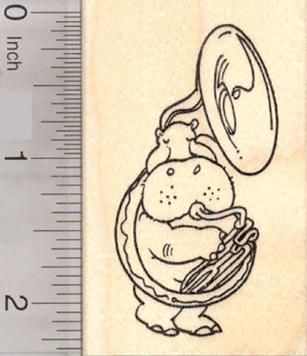 Hippo playing Tuba, Band Rubber Stamp, Musical Instrument