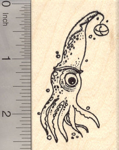 Christmas Squid Rubber Stamp, Squid has jingle bell on head