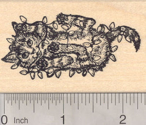 Christmas Cat Tangled in Tree Lights Rubber Stamp