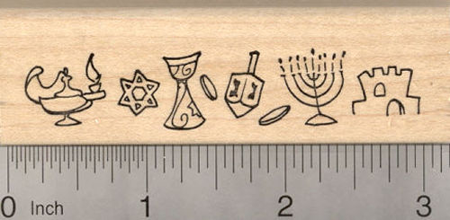 Hanukkah Border Rubber Stamp, featuring Star of David, Dreidel, Menorah, Chanukah Festival of Lights
