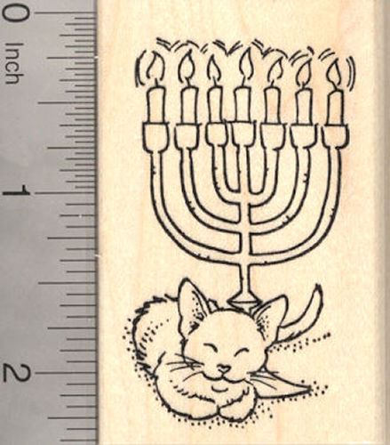 Temple Menorah with Cat Rubber Stamp