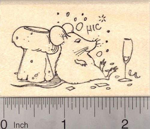 Happy New Year Mouse drinking Champagne Rubber Stamp